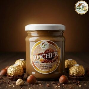 Un pot de Bsissa saveur Rocher de la marque Beyt El Monneh sur une table en bois sombre, entouré de chocolats fins dorés, de noisettes entières et d'éclats de chocolat