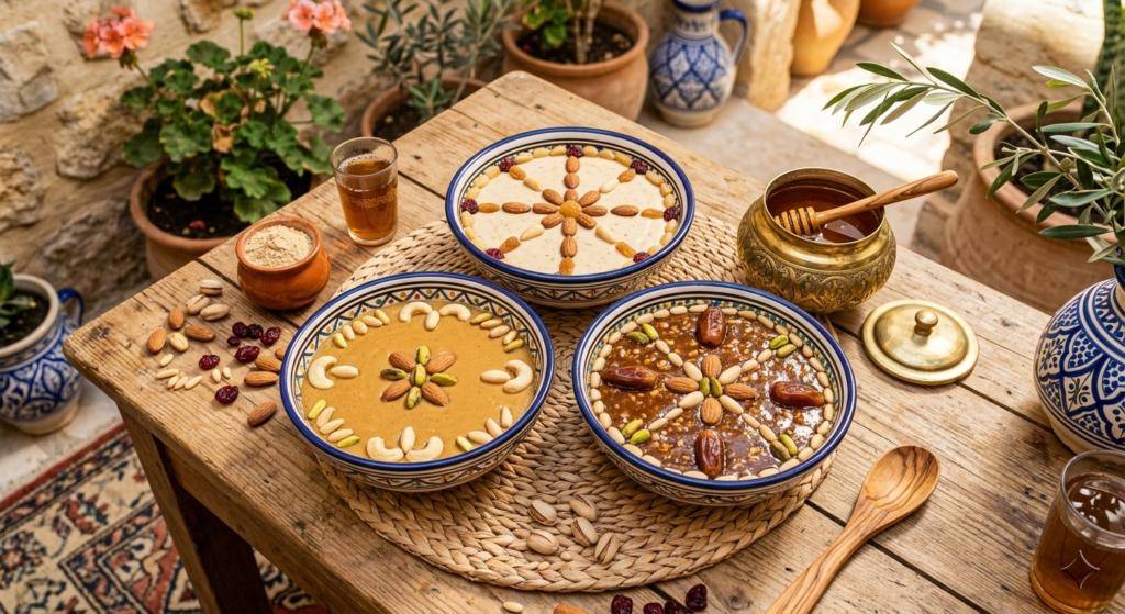 Un bol de bsissa traditionnelle décoré de fruits secs, la solution idéale pour un petit déjeuner sain, naturel et riche en fibres.