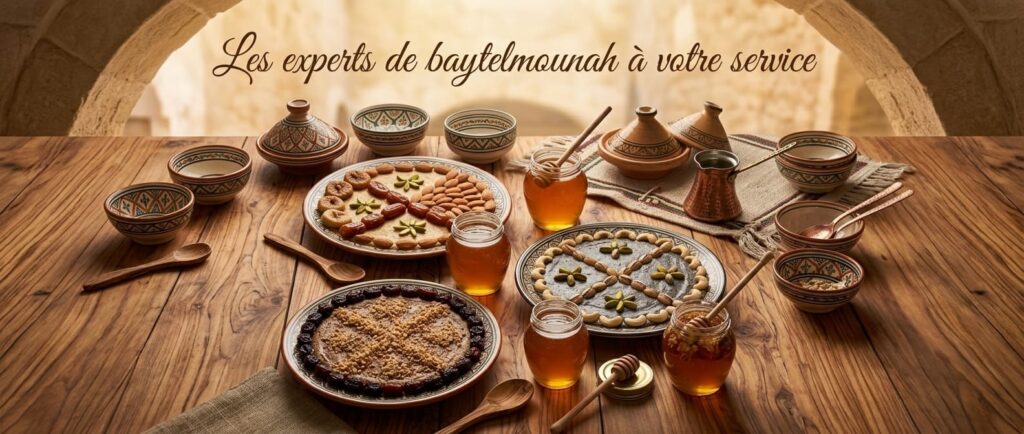 Un petit déjeuner sain composé de bols de bsissa tunisienne traditionnelle, de zrir riche en fruits secs et d'un pot de miel naturel pur de terroir.