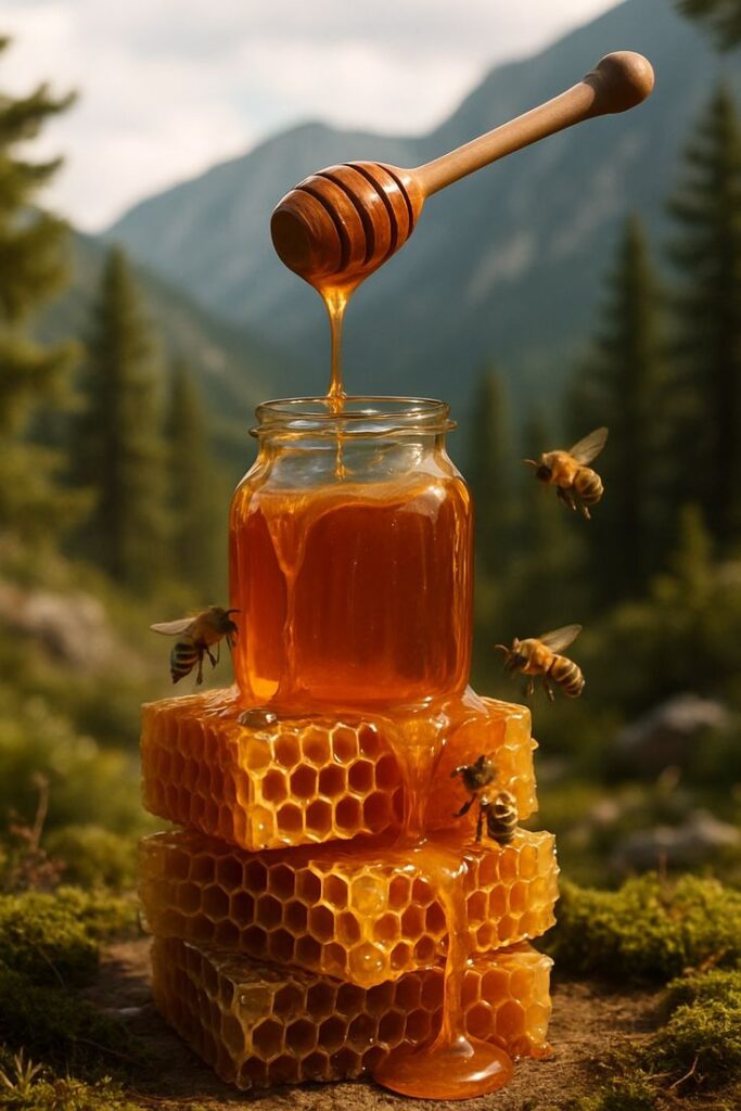 Un pot de miel naturel pur sans sucre ajouté, l'alternative idéale pour sucrer naturellement un petit déjeuner sain.