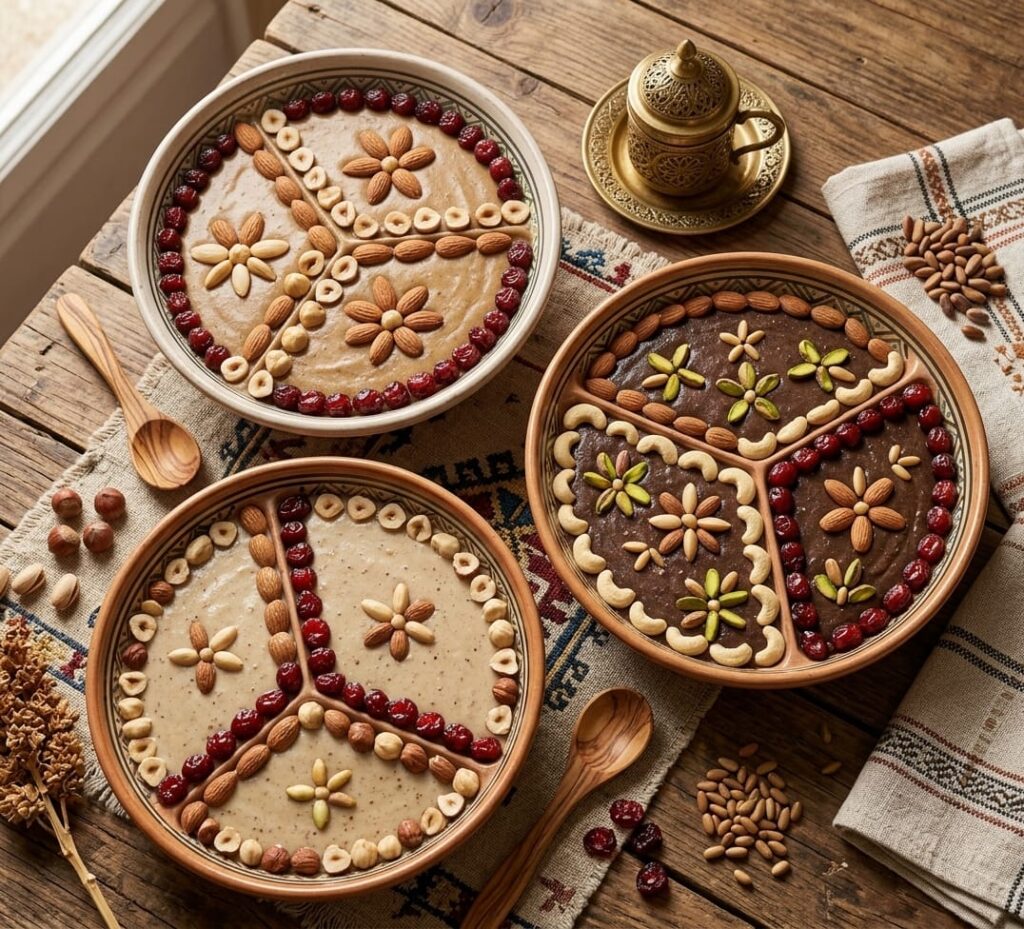 Trois bols de bsissa tunisienne saine décorés d'amandes, de noisettes et de pignons de pin, illustrant les bienfaits de la bsissa traditionnelle et artisanale pour la santé