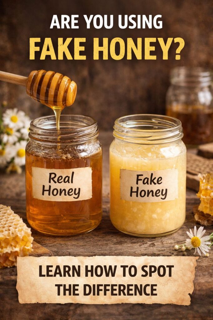 Infographie comparative expliquant comment reconnaitre le vrai miel (Real Honey) face au faux miel (Fake Honey) avec deux bocaux et des tests visuels